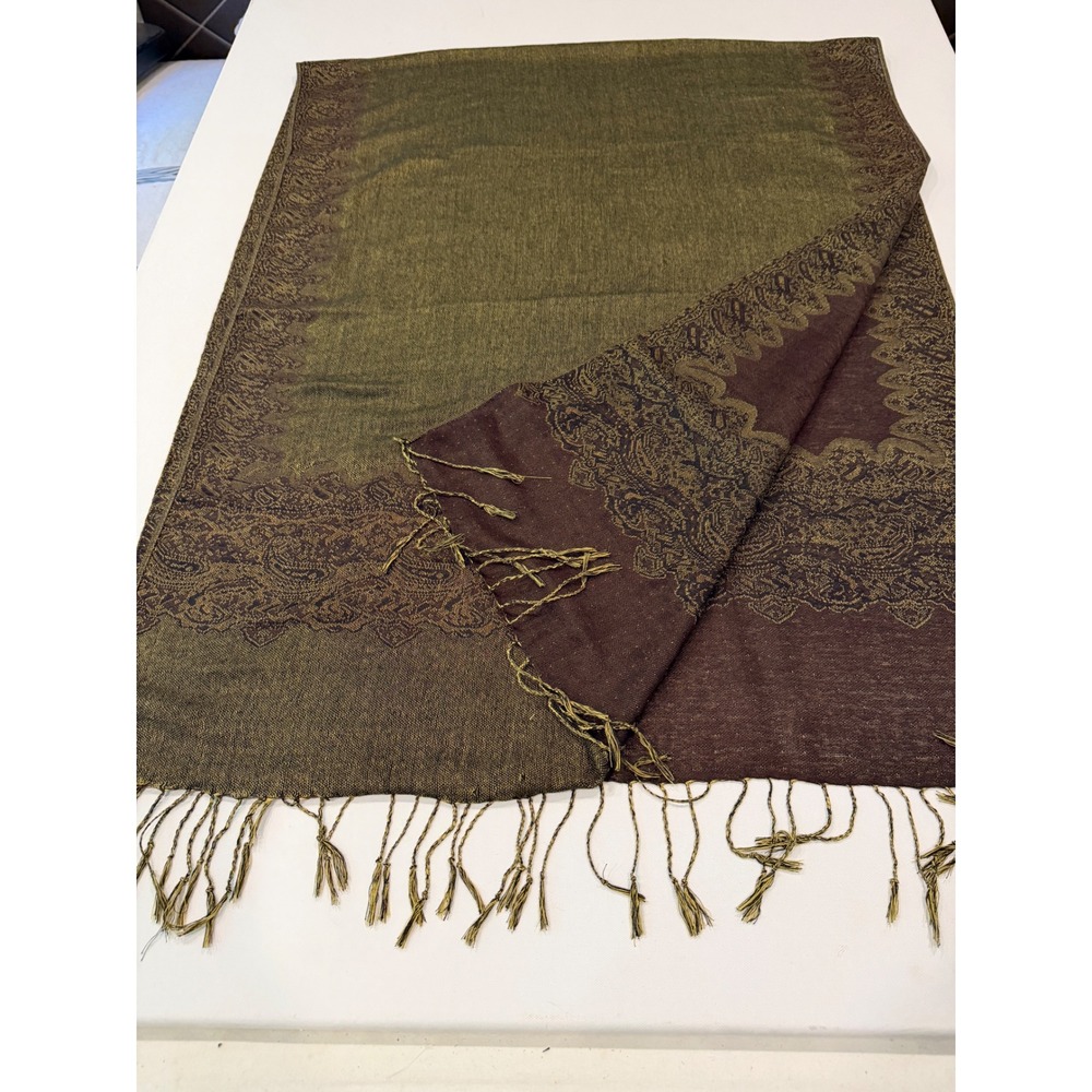Olive Green Brown Reversible Paisley Pashmina Shawl Oversized Boho Fringe Wrap